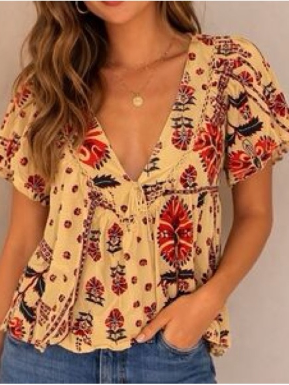 Haute Hippie Boho Floral Print V-Neck Flutter Sleeve Blouse Top